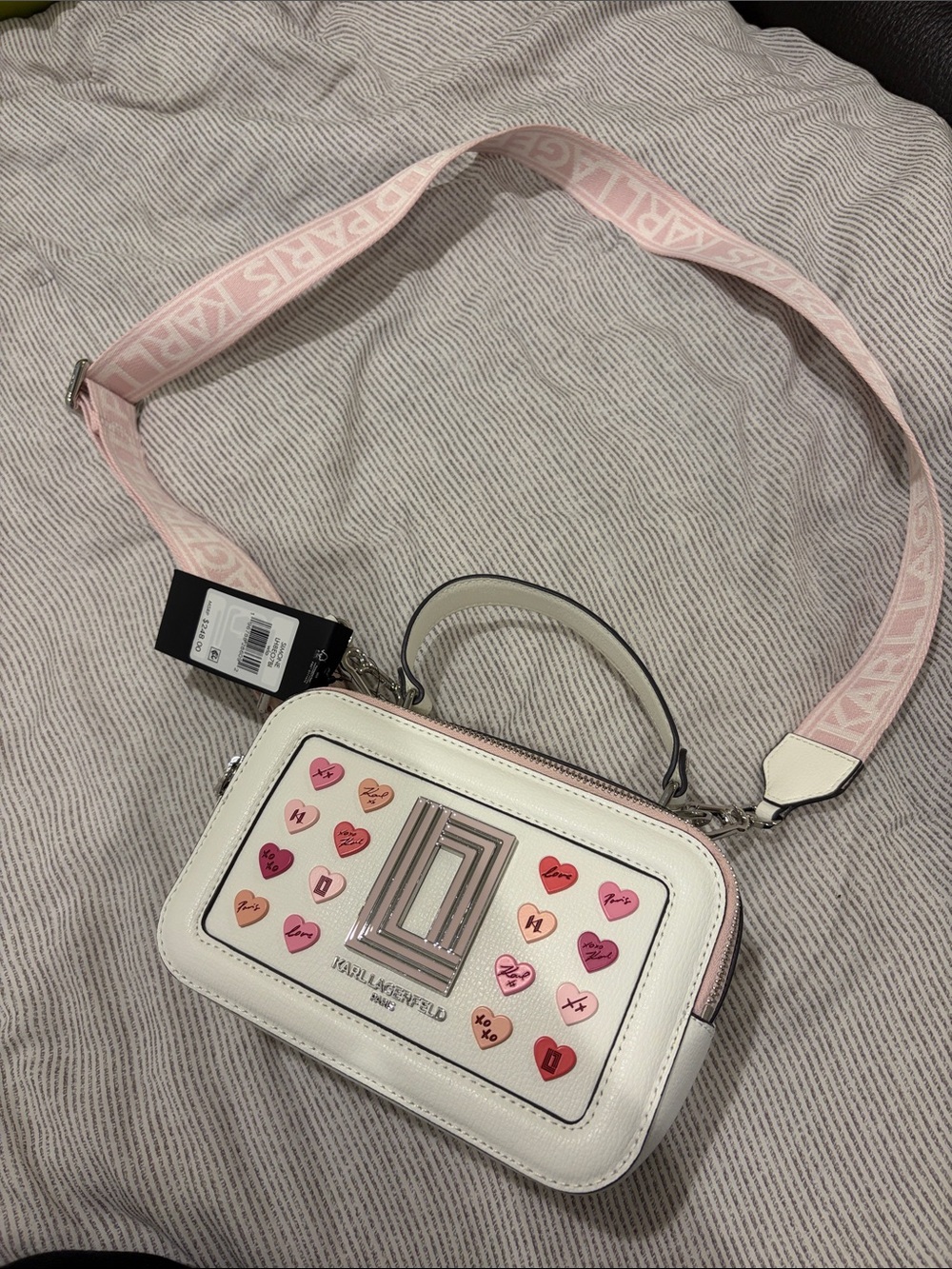 Karl Lagerfeld White & Pink Heart-Appliqué Crossbody with Logo Strap